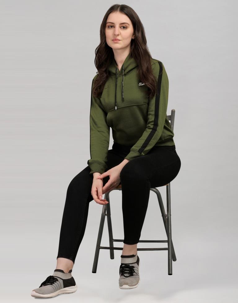 Dark Olive Green Coloured Cotton Fleece Blend Plain Hoodie 