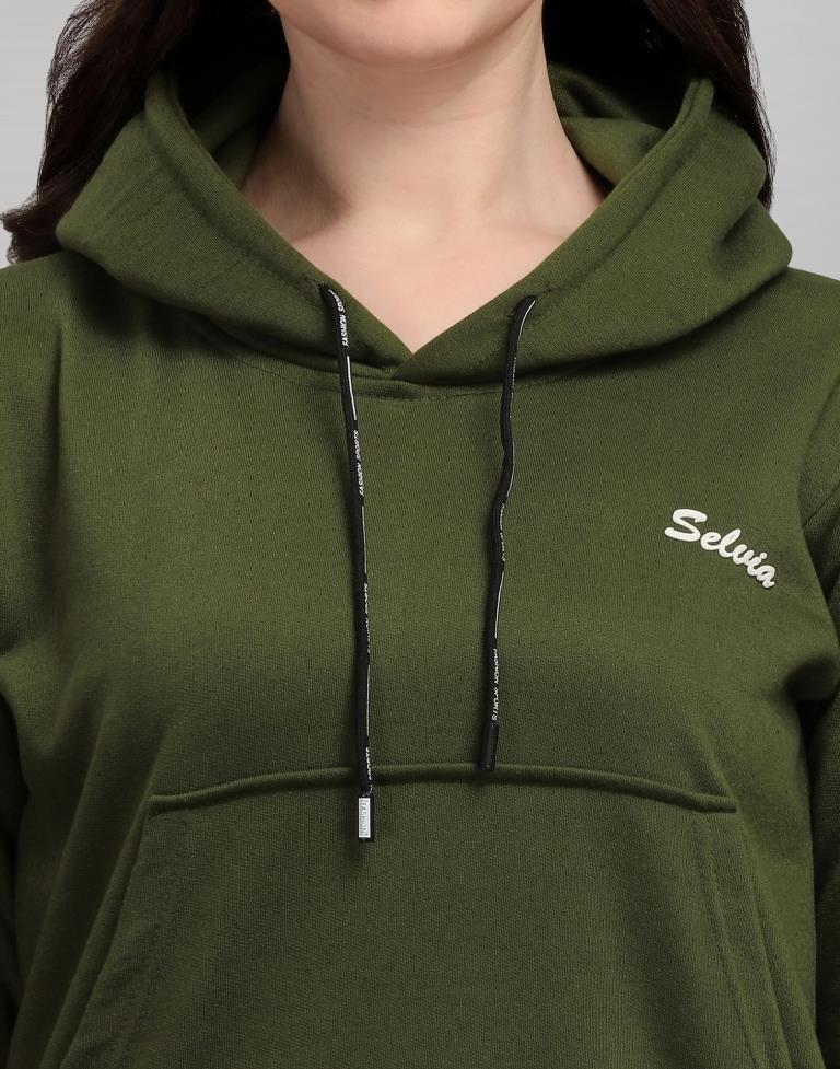 Dark Olive Green Coloured Cotton Fleece Blend Plain Hoodie 