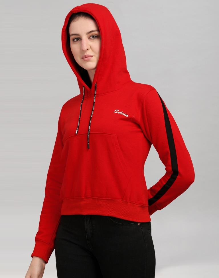 Red Coloured Cotton Fleece Blend Plain Hoodie 