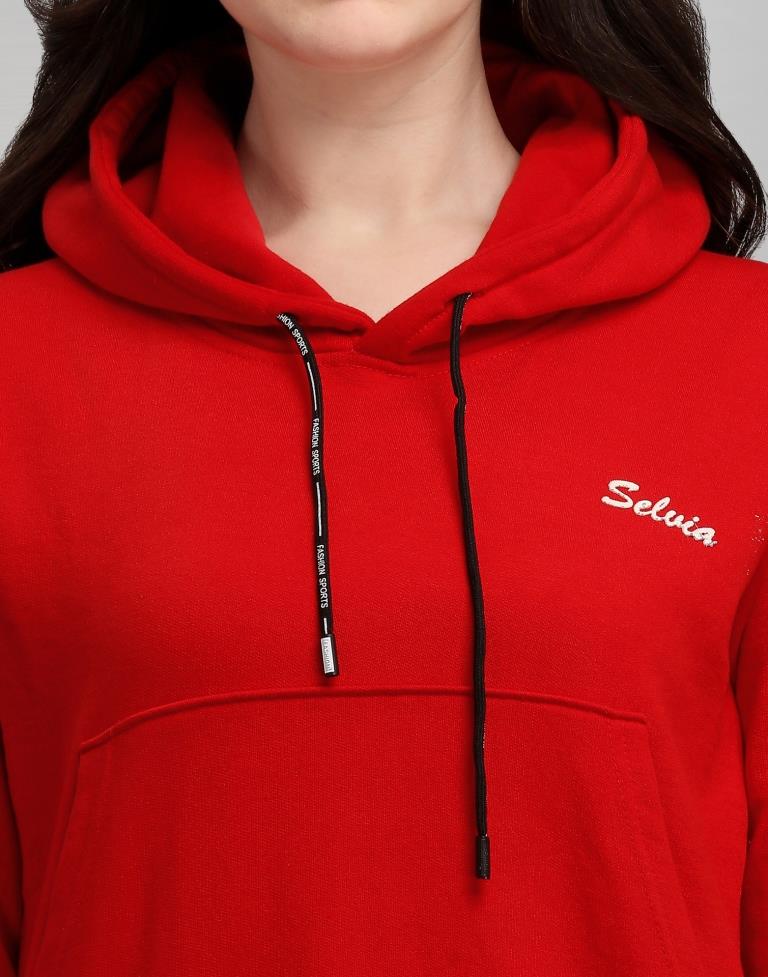 Red Coloured Cotton Fleece Blend Plain Hoodie 