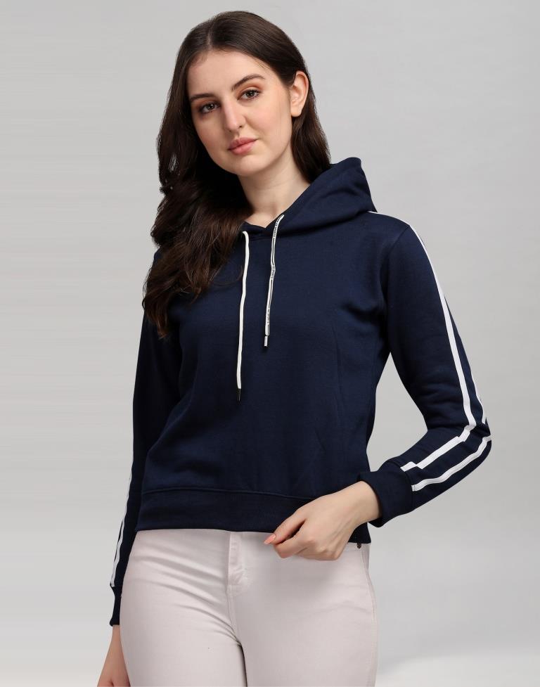 Navy Blue Coloured Cotton Fleece Blend Plain Hoodie 