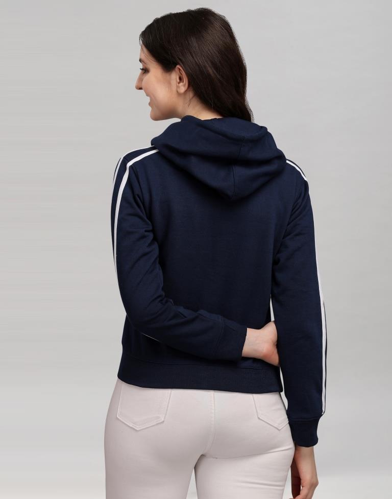 Navy Blue Coloured Cotton Fleece Blend Plain Hoodie 