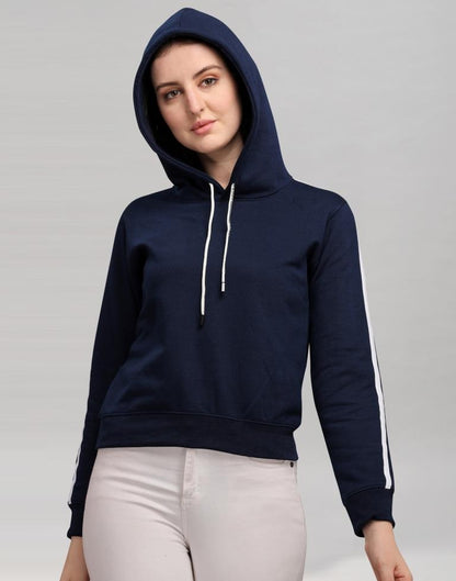 Navy Blue Coloured Cotton Fleece Blend Plain Hoodie 