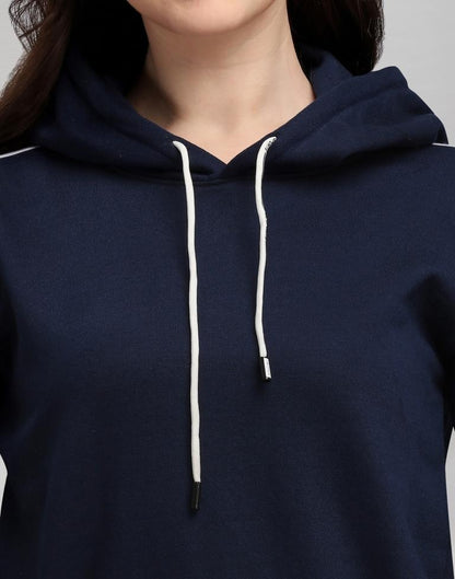 Navy Blue Coloured Cotton Fleece Blend Plain Hoodie 