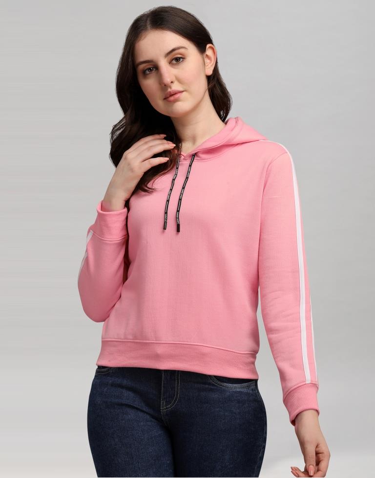 Light Pink Coloured Cotton Fleece Blend Plain Hoodie 