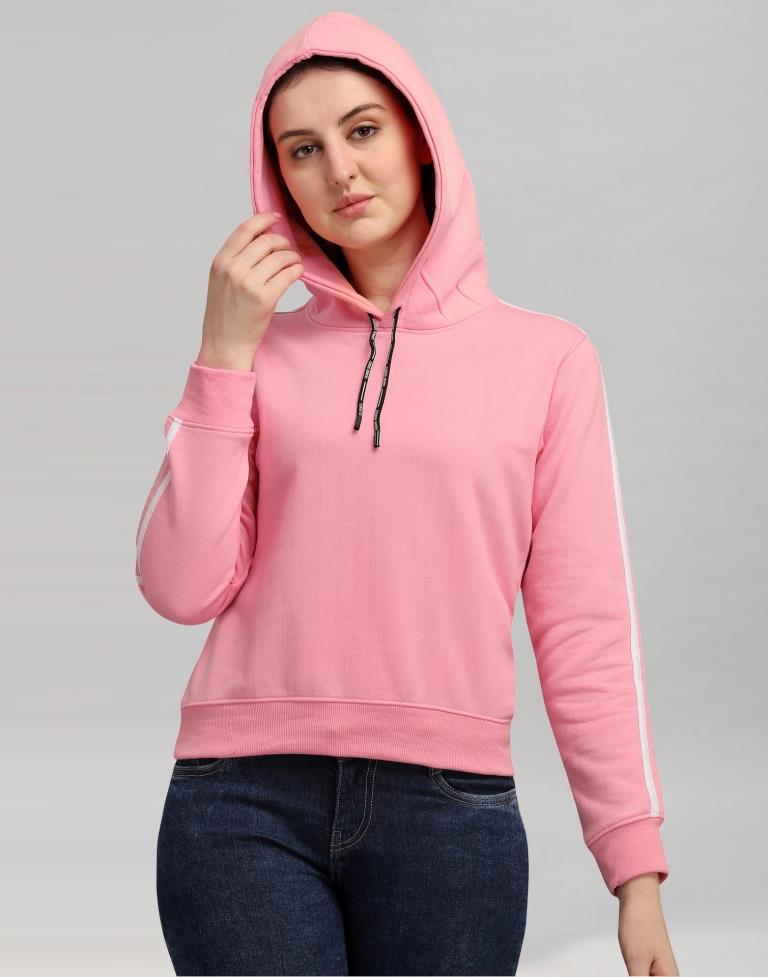 Light Pink Coloured Cotton Fleece Blend Plain Hoodie 