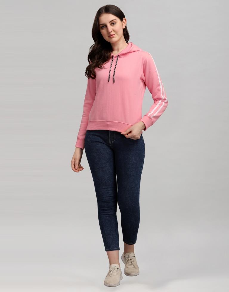 Light Pink Coloured Cotton Fleece Blend Plain Hoodie 