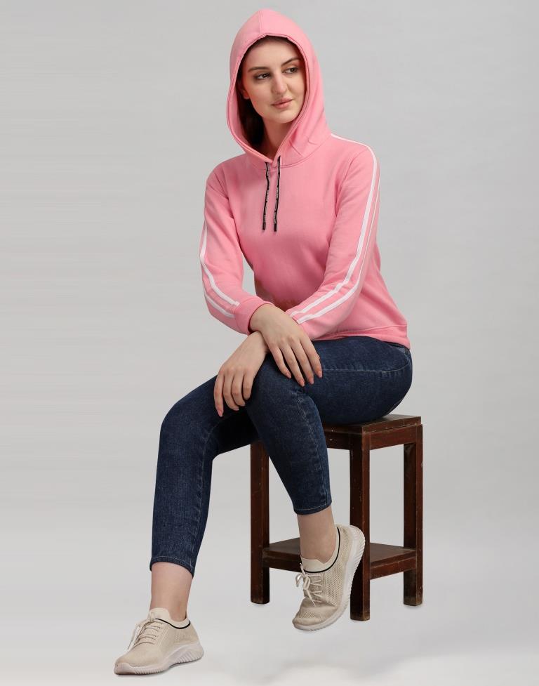 Light Pink Coloured Cotton Fleece Blend Plain Hoodie 