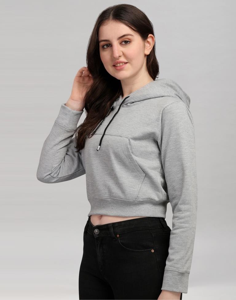 Light Grey Coloured Cotton Fleece Blend Plain Hoodie 