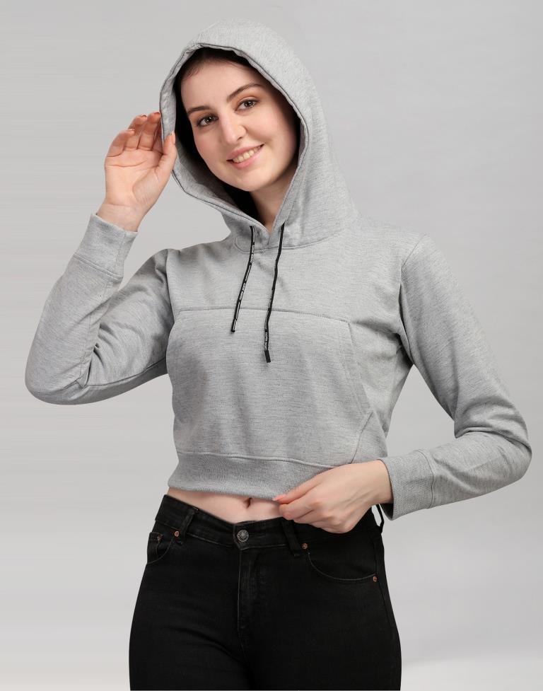 Light Grey Coloured Cotton Fleece Blend Plain Hoodie 