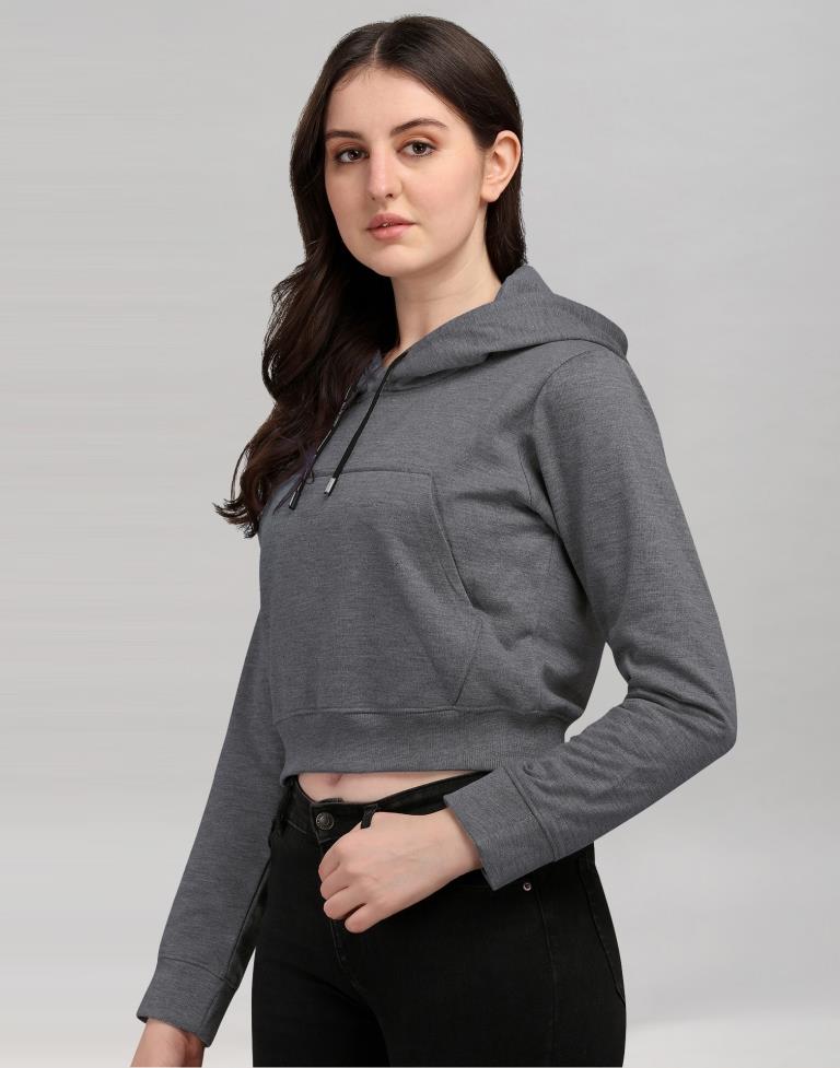 Dark Grey Coloured Cotton Fleece Blend Plain Hoodie 