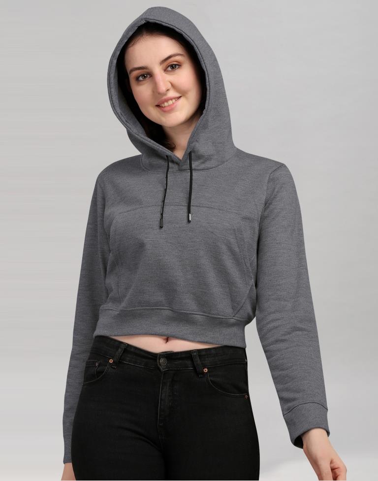 Dark Grey Coloured Cotton Fleece Blend Plain Hoodie 