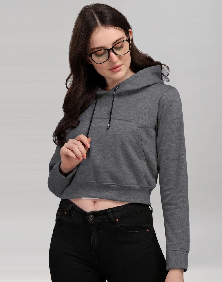 Dark Grey Coloured Cotton Fleece Blend Plain Hoodie 