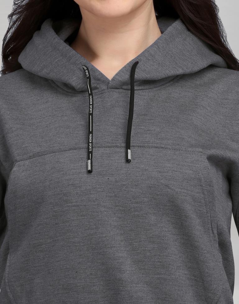 Dark Grey Coloured Cotton Fleece Blend Plain Hoodie 