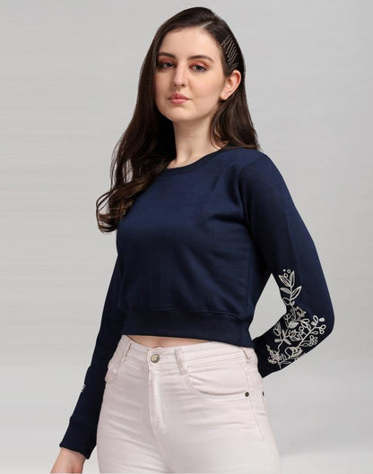 Navy Blue Coloured Cotton Fleece Blend Embroidered Sweatshirt