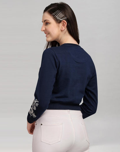 Navy Blue Coloured Cotton Fleece Blend Embroidered Sweatshirt