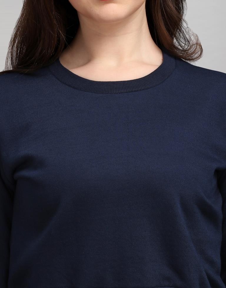 Navy Blue Coloured Cotton Fleece Blend Embroidered Sweatshirt