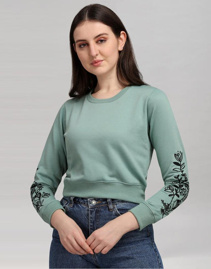 Dusty Green Coloured Cotton Fleece Blend Embroidered Sweatshirt