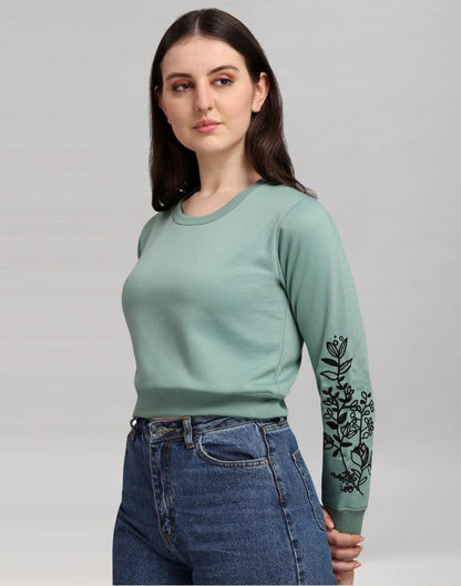 Dusty Green Coloured Cotton Fleece Blend Embroidered Sweatshirt