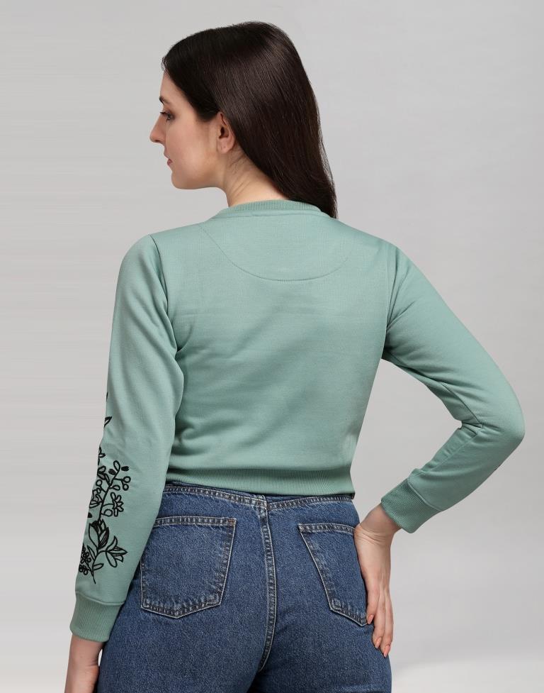 Dusty Green Coloured Cotton Fleece Blend Embroidered Sweatshirt