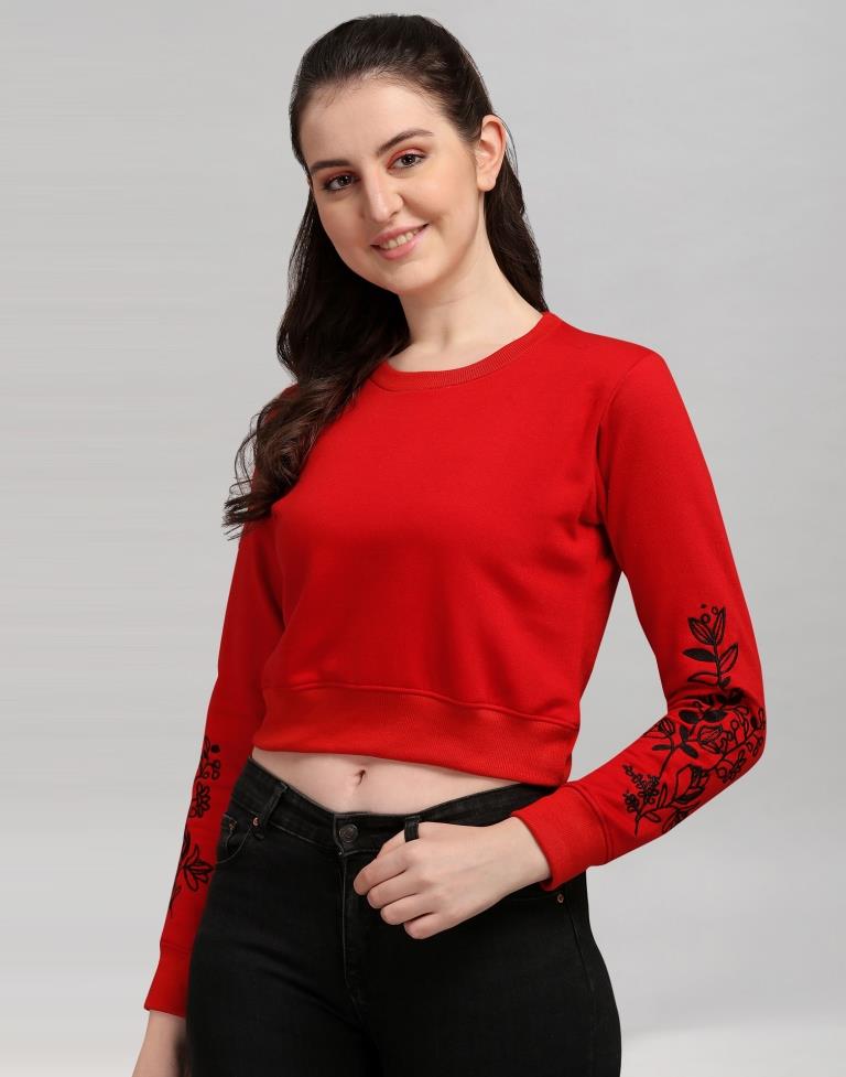 Red Coloured Cotton Fleece Blend Embroidered Sweatshirt