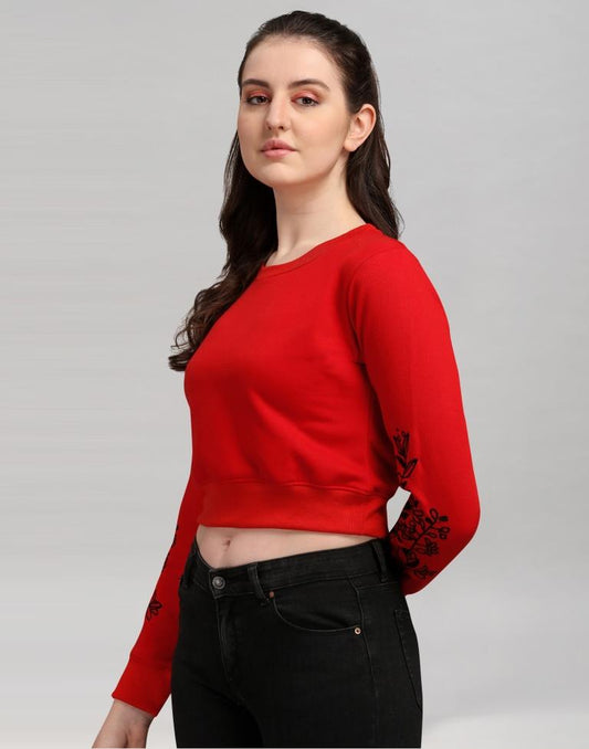 Red Coloured Cotton Fleece Blend Embroidered Sweatshirt