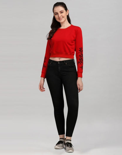 Red Coloured Cotton Fleece Blend Embroidered Sweatshirt