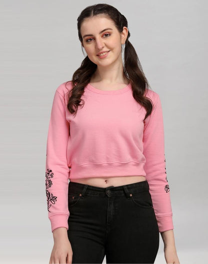 Light Pink Coloured Cotton Fleece Blend Embroidered Sweatshirt