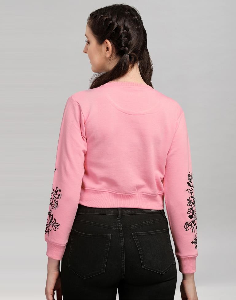 Light Pink Coloured Cotton Fleece Blend Embroidered Sweatshirt