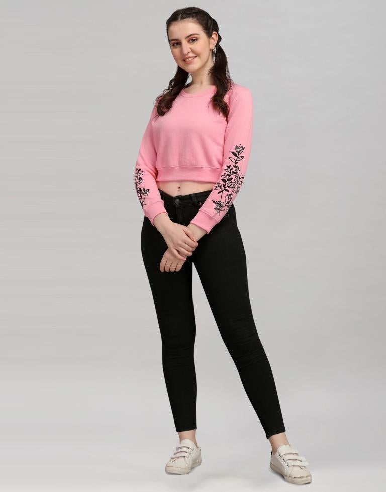 Light Pink Coloured Cotton Fleece Blend Embroidered Sweatshirt