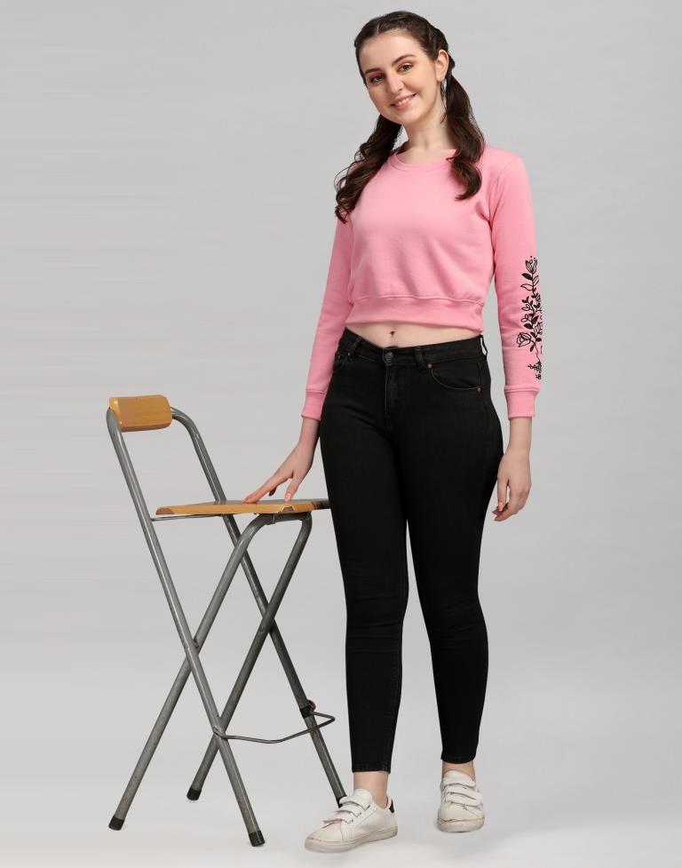 Light Pink Coloured Cotton Fleece Blend Embroidered Sweatshirt