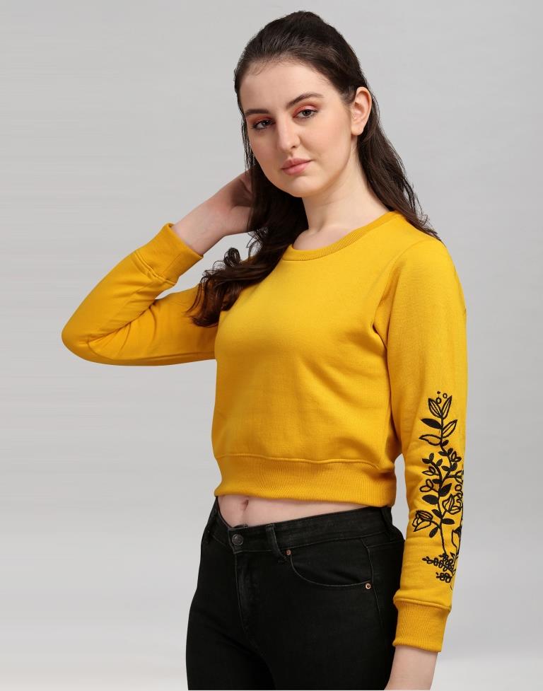 Turmeric Yellow Coloured Cotton Fleece Blend Embroidered Sweatshirt