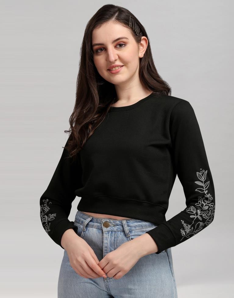 Black Coloured Cotton Fleece Blend Embroidered Sweatshirt