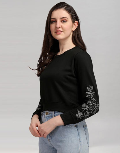 Black Coloured Cotton Fleece Blend Embroidered Sweatshirt