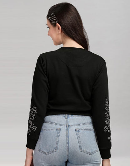 Black Coloured Cotton Fleece Blend Embroidered Sweatshirt