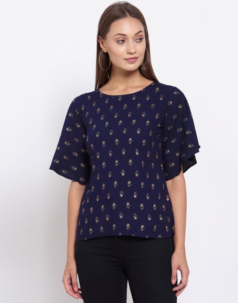 Navy Blue Printed Rayon Top 