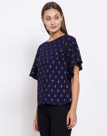 Navy Blue Printed Rayon Top 