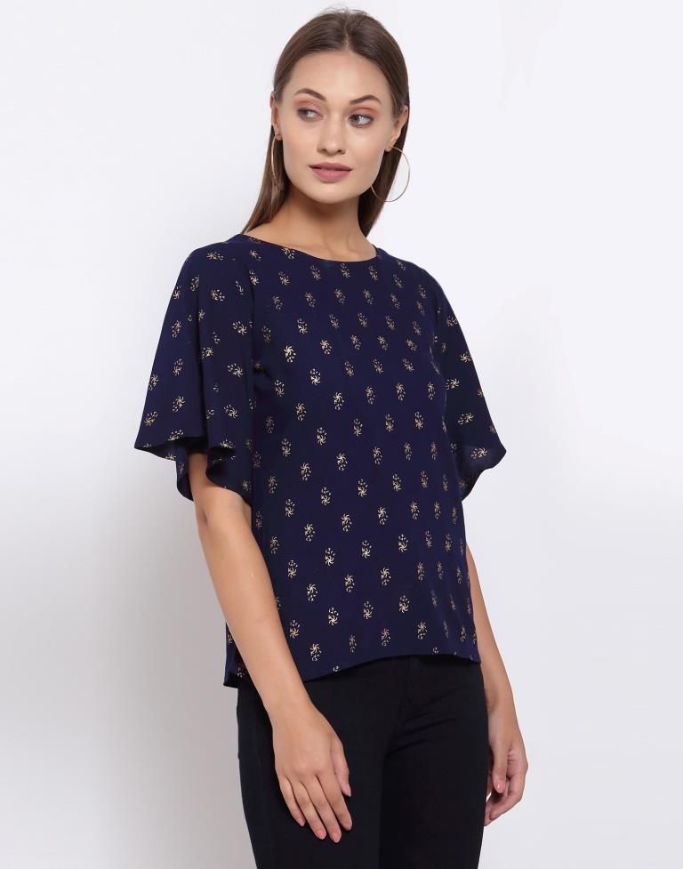 Navy Blue Printed Rayon Top 