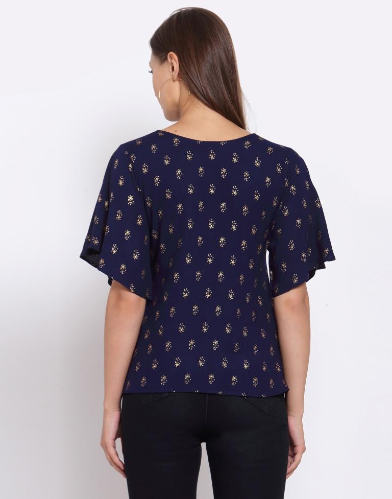 Navy Blue Printed Rayon Top 