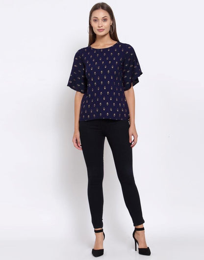 Navy Blue Printed Rayon Top 