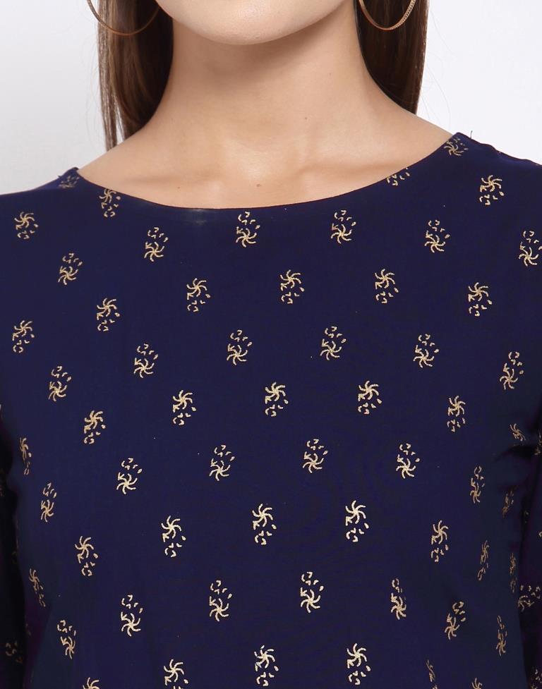 Navy Blue Printed Rayon Top 