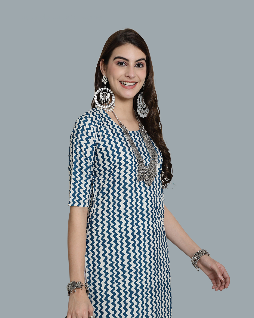 Blue Wave Zigzag Printed Kurta 