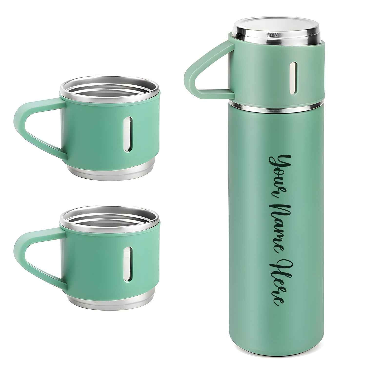 Customized Stainless Steel Vacuum Flask Set with 3 Cups – 500ML | Personalized Name Bottle Gift Combo for Boyfriend, Girlfriend, Employee