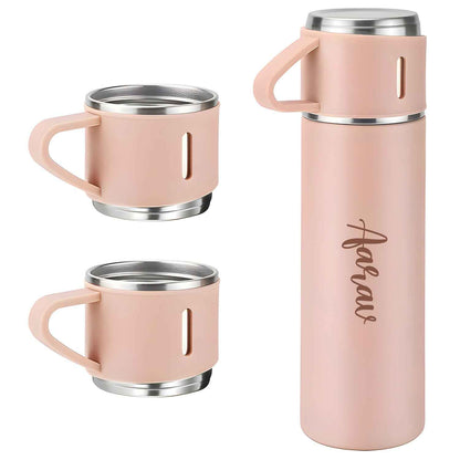 Customized Stainless Steel Vacuum Flask Set with 3 Cups – 500ML | Personalized Name Bottle Gift Combo for Boyfriend, Girlfriend, Employee
