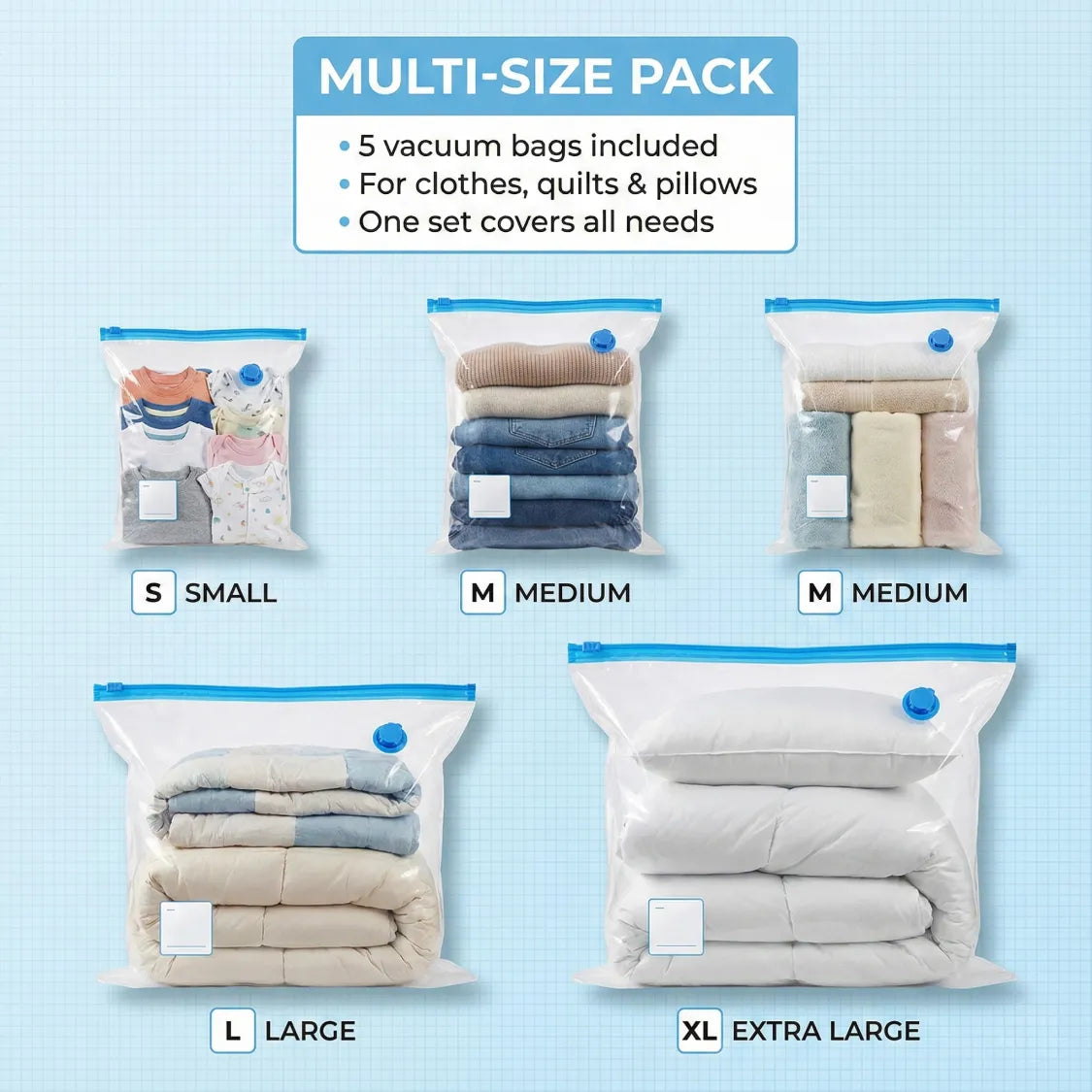 Vacuum Storage Bags with Suction Pump & Shirt clips - Vacuum Bags - Big Capacity Vacuum Seal Bags for Travel Clothes Blankets Pillows, Compression Bags | Space Saver Vacuum Storage Bags (5 Pcs Set)