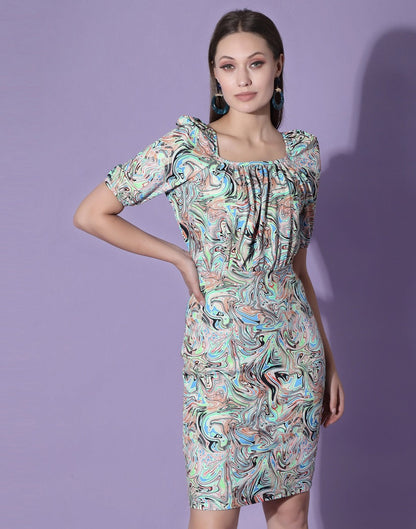 Multicolour Puff Sleeve Bodycon Dress