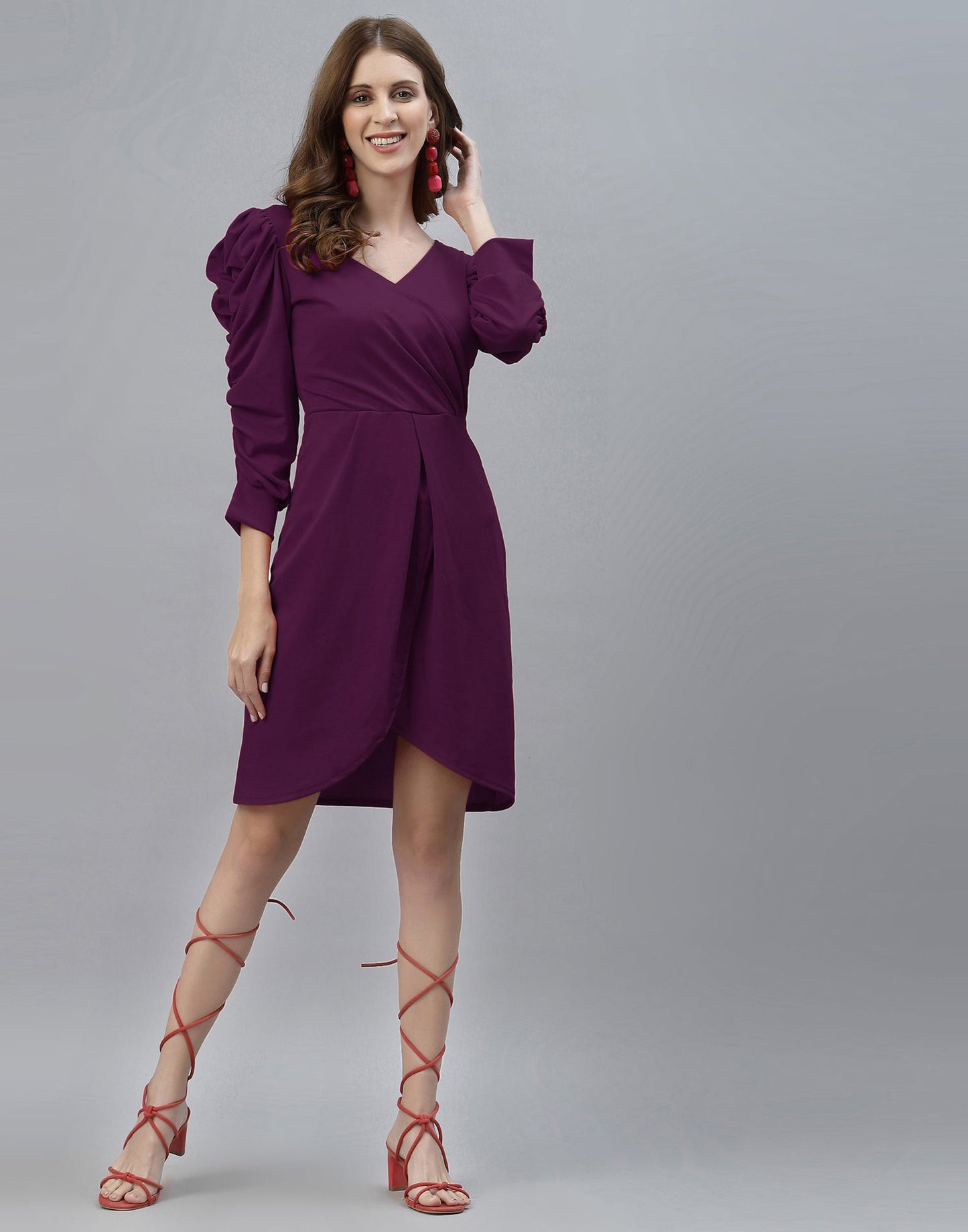 Wine Puff Sleeve Dress