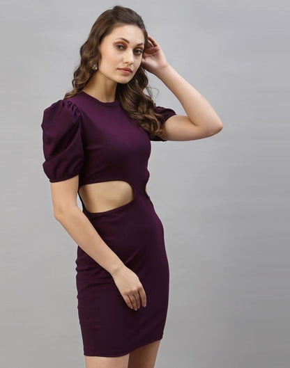 Wine puff Sleeve Bodycon Dress