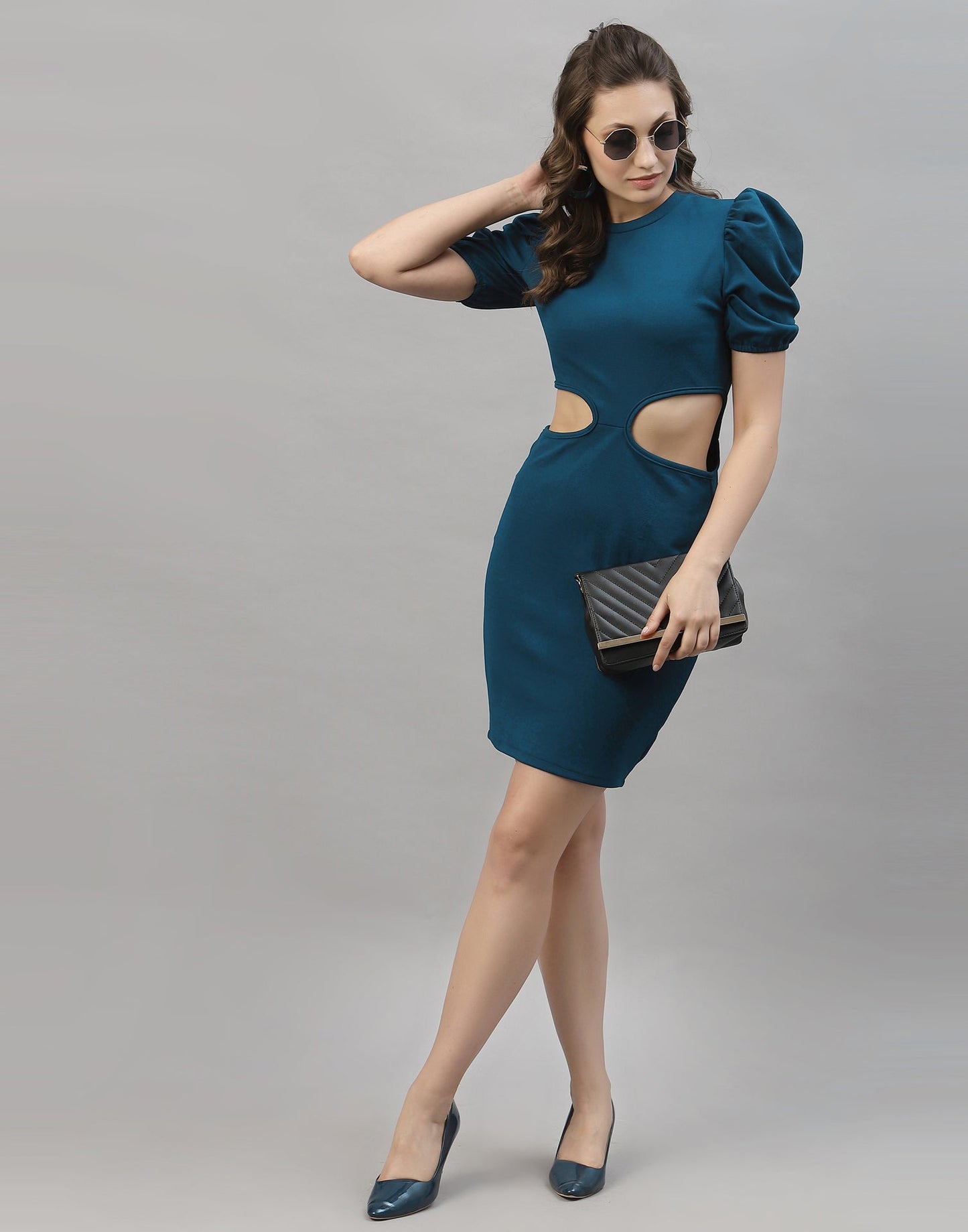 Teal Blue Puff Sleeve Bodycon Dress