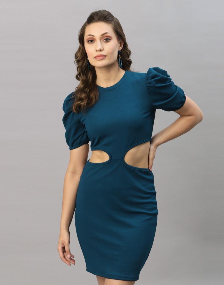 Teal Blue Puff Sleeve Bodycon Dress